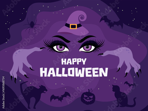 Halloween purple background with captivating witch eyes and hands vector illustration. Happy Halloween greeting card with enchanting purple witch eyes vector. Female witch mesmerizing eyes icon