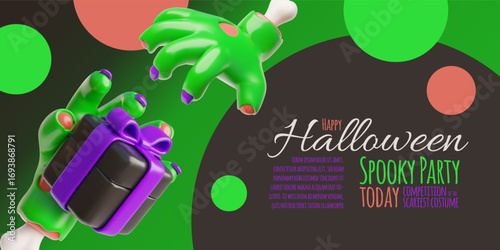 Happy Halloween spooky party 3D banner vector design, creepy zombie green hand holds gift box, monsters walking dead