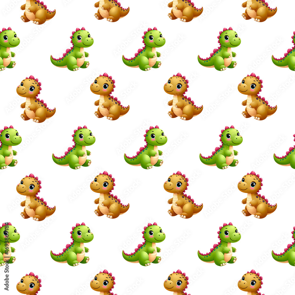 Obraz premium Seamless pattern featuring cute baby dinosaurs in various poses on a white background