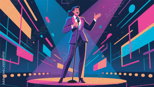 illustration of a television presenter standing on stage vector design template