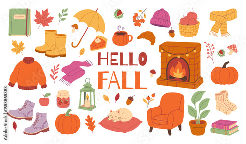 A collection of fall items including a pumpkin, a book, a chair, a blanket, a cat, a fireplace, and an umbrella