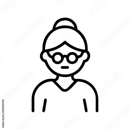 Minimalist black outline vector icon of a grandmother wearing glasses, symbolizing elderly, wisdom. Isolated on a transparent background