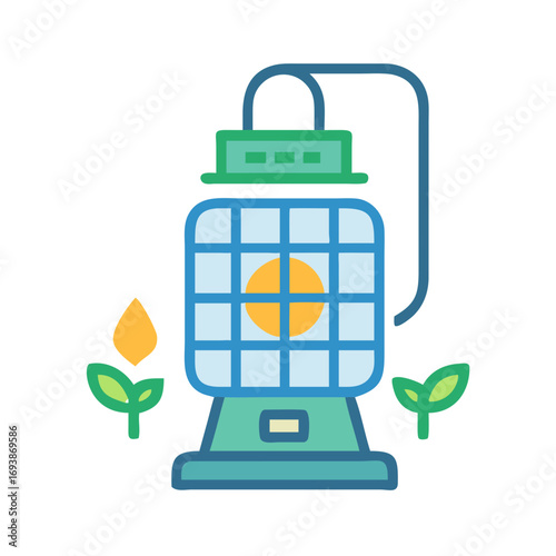 Illustration of an old-fashioned oil lamp surrounded by two little plants in the dark
