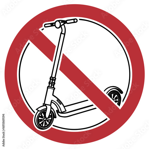 Vector illustration of a scooter inside a circle with a red diagonal line, symbolizing no scooters, prohibition, and traffic rules