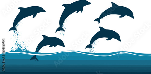 Silhouette dolphins jumping from water splash, playful ocean marine life, blue sea waves vector illustration