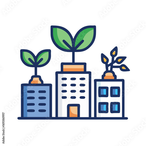 Sustainable Cityscape: Green Buildings with Plant Growth, Symbolizing Ecology and Urban Sustainability