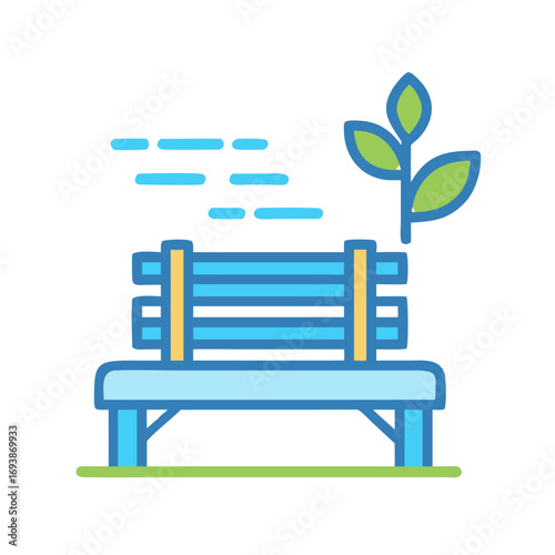 Stylized park bench illustration on black background with plant and breeze effect, vector image