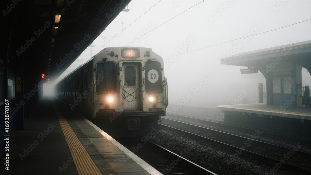 Fototapeta premium Modern metro train arriving at foggy platform in early morning with headlights on