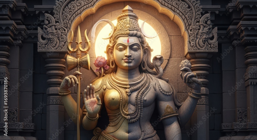 Fototapeta premium Magnificent statue of Hindu deity Shiva with lotus flower and trishul