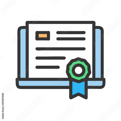 Digital certificate icon with blue accents and green rosette representing academic achievement or professional recognition