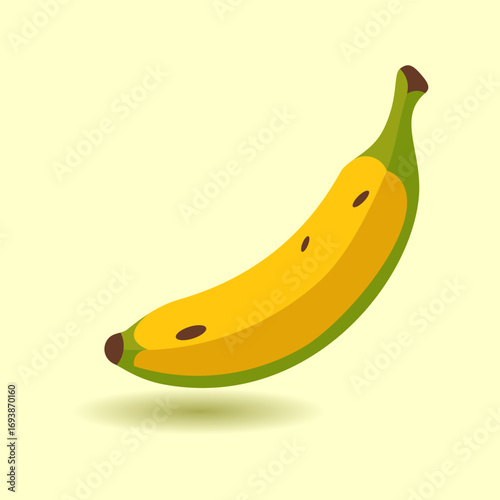 Illustration of a yellow banana with brown spots on a pale yellow background, highlighting healthy eating and tropical fruit concept.