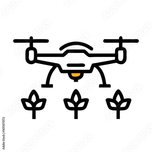 Stylized drone illustration with vibrant orange light against a dark background, aerial technology