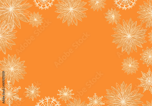 Whimsical white snowflakes flourishing on a vibrant orange background a frosty festive winter scene