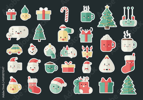 Adorable kawaii christmas icons featuring festive characters and symbols for holiday decorations