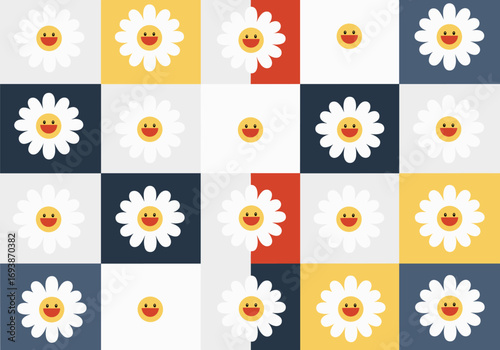 Cheerful daisy flower pattern with happy faces on a color block background