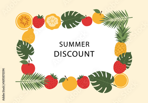 Summer discount special offer for all your favorite fruits and tropical leaves decoration