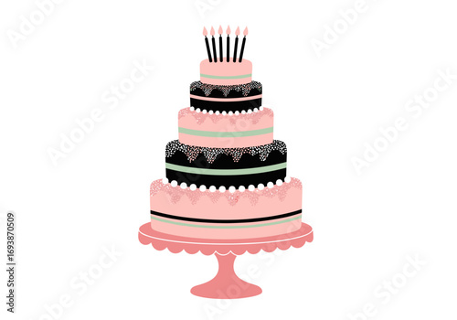 Elegant multi tiered pink birthday cake celebration dessert with candles for special occasion