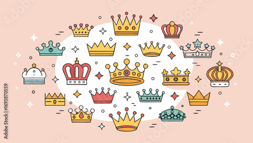 Collection of Colorful Decorative Crowns and Tiaras.