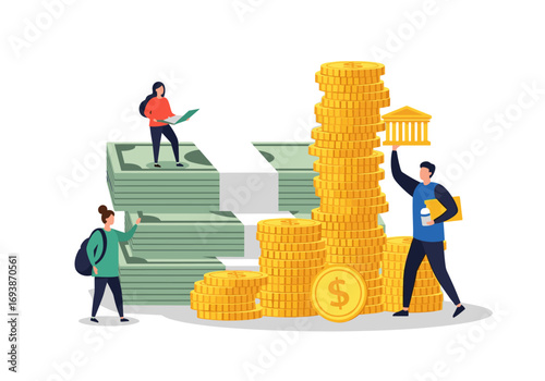 Financial investment growth with people managing money and stacks of cash and coins representing wealth accumulation and banking services