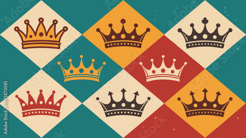 Collection of Decorative Crowns on Colorful Background.