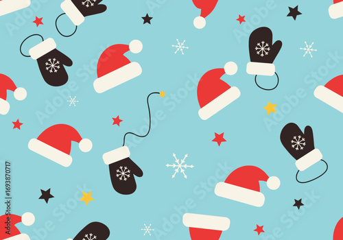 Festive winter holiday symbols including red santa hats and black mittens scattered across a light blue background with small stars and snowflakes