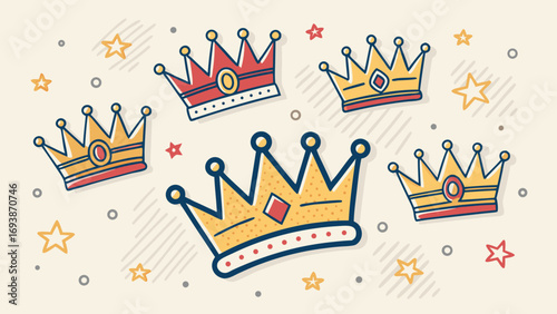 Colorful Cartoon Crowns with Stars and Decorative Elements.