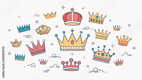 Colorful Cartoon Crowns on White Background Illustration.