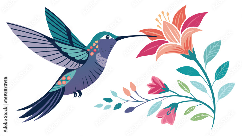 Obraz premium Colorful Hummingbird with Flowers in Flight Illustration.