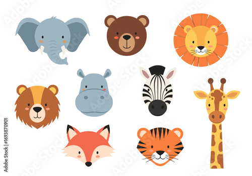 Adorable cartoon faces of various wild animals including a lion a tiger a giraffe a zebra a bear an elephant a hippo and a fox