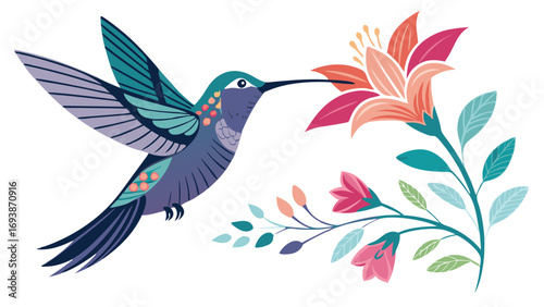 Colorful Hummingbird with Flowers in Flight Illustration.