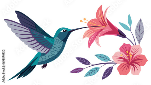 Colorful Hummingbird with Long Beak and Flowers.