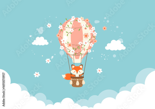 Cute little fox flying in a hot air balloon among fluffy clouds and delicate flowers under a bright blue sky