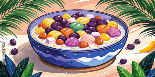 Vietnamese che ba mau dessert, three color sweet with beans, jelly, coconut milk, refreshing traditional delicacy