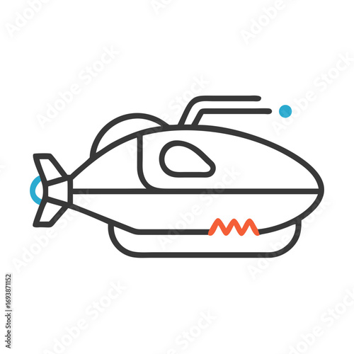 Stylized cartoon submarine exploring the deep sea, isolated on black backdrop