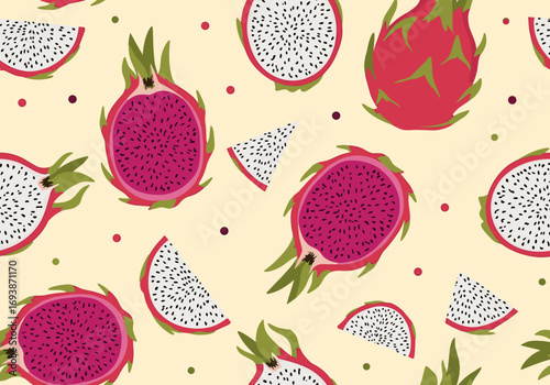 Vibrant tropical dragon fruit pattern featuring whole and sliced exotic fruits with small dots on a pale yellow background