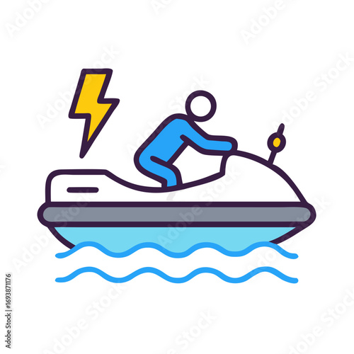 Illustration of a person riding a jet ski with a lightning bolt symbol