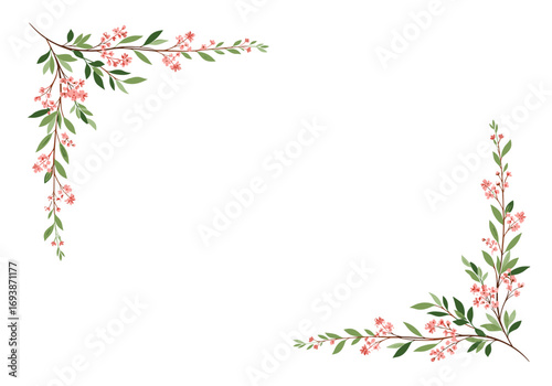 Elegant floral corner flourishes with delicate pink blossoms and green leaves for a timeless decorative element