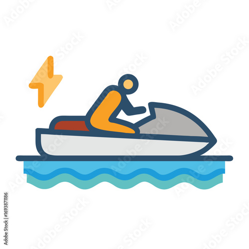 Stylized illustration of person on jet ski with lightning bolt symbol beside the rider