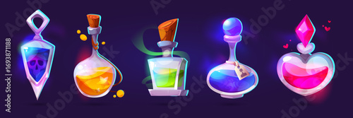 Potion bottle game collection with glowing magical elixirs, poison skull flask and heart shaped love vials for fantasy RPG design. Colorful alchemist containers with corks and mystical liquids.