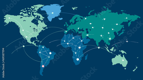 Colorful World Map Illustrating Global Connections and Networks.