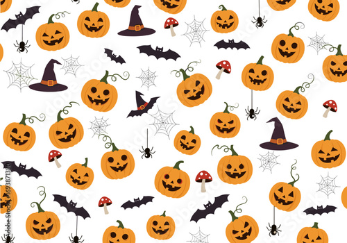 Whimsical halloween pattern featuring jack o lanterns bats spiders and witch hats for seasonal decorations