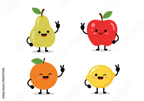 Cute cartoon fruit characters pears apples oranges and lemons showing peace signs and smiling