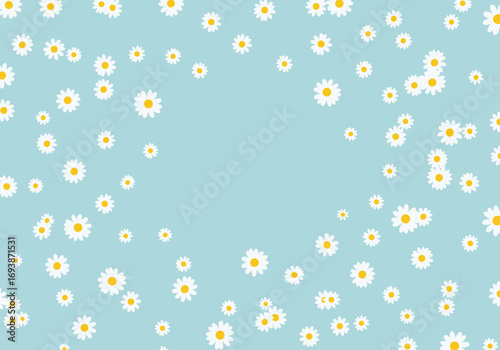 A gentle scattering of delicate white daisies adorns a serene pastel blue background creating a cheerful springtime vibe
