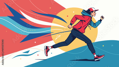 Energetic Runner in Red Hoodie and Cap Running Fast.