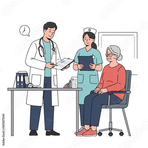 A doctor calmly explains a medical chart to an elderly female patient sitting in a clinic, with a nurse nearby, depicted in a clean 2D flat vector illustration style.