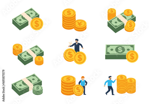 Illustrations of abundant cash stacked coins and business people holding money for financial growth