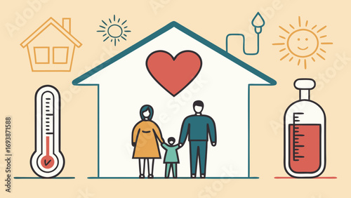 Family Standing in Front of a House Heart Symbol.
