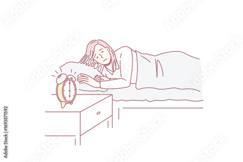 Feeling sleepy and alarm clock concept. Young sleepy woman staying in bed trying to wale up with alarm clock beats at six in morning vector illustration
