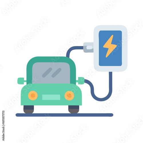 Flat vector illustration of an electric car charging at a charging station