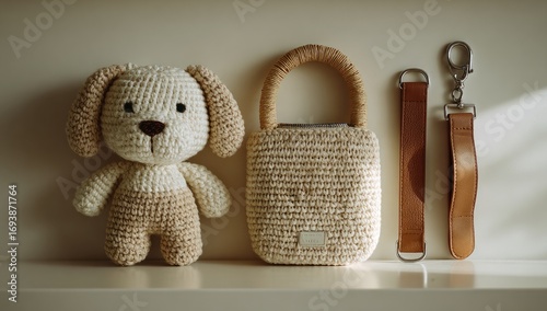 Beige crocheted dog toy and bag, leather strap